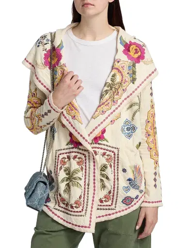 Johnny Was Women's Biya Hooded Embroidered Cotton Cardigan - Ecru | Thumbnail 3 Johnny Was Women's Biya Hooded Embroidered Cotton Cardigan - Ecru | Thumbnail 3
