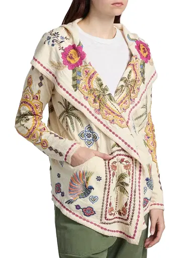 Johnny Was Women's Biya Hooded Embroidered Cotton Cardigan - Ecru | Thumbnail 4 Johnny Was Women's Biya Hooded Embroidered Cotton Cardigan - Ecru | Thumbnail 4