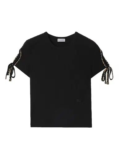 Burberry Women's Taisie Tie-Sleeve Crop Cotton T-Shirt - Black | Thumbnail 1 Burberry Women's Taisie Tie-Sleeve Crop Cotton T-Shirt - Black | Thumbnail 1