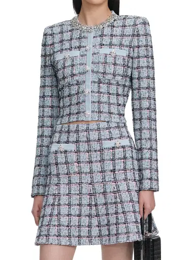 Self-Portrait Women's Embellished Checked Cardigan - Blue - Size XS | Thumbnail 3 Self-Portrait Women's Embellished Checked Cardigan - Blue - Size XS | Thumbnail 3