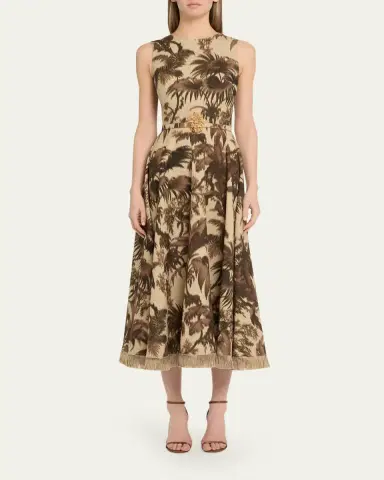 Oscar de la Renta Sleeveless Chine Palm-Print Belted Midi Dress | Thumbnail 2 Oscar de la Renta Sleeveless Chine Palm-Print Belted Midi Dress | Thumbnail 2