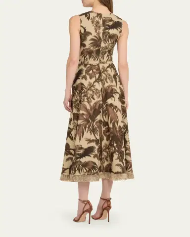 Oscar de la Renta Sleeveless Chine Palm-Print Belted Midi Dress | Thumbnail 3 Oscar de la Renta Sleeveless Chine Palm-Print Belted Midi Dress | Thumbnail 3