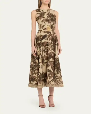 Oscar de la Renta Sleeveless Chine Palm-Print Belted Midi Dress | Thumbnail 4 Oscar de la Renta Sleeveless Chine Palm-Print Belted Midi Dress | Thumbnail 4