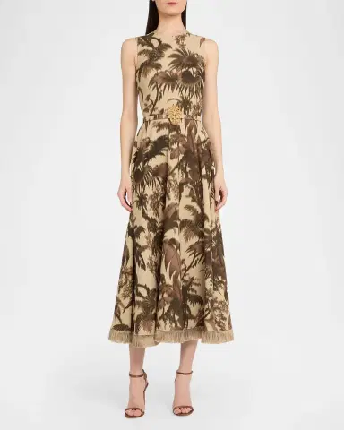 Oscar de la Renta Sleeveless Chine Palm-Print Belted Midi Dress | Thumbnail 5 Oscar de la Renta Sleeveless Chine Palm-Print Belted Midi Dress | Thumbnail 5