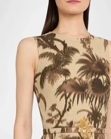 Oscar de la Renta Sleeveless Chine Palm-Print Belted Midi Dress | Thumbnail 8 Oscar de la Renta Sleeveless Chine Palm-Print Belted Midi Dress | Thumbnail 8