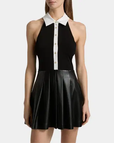 ALICE + OLIVIA Tate Vegan Leather Sleeveless Polo Mini Shirtdress | Thumbnail 4 ALICE + OLIVIA Tate Vegan Leather Sleeveless Polo Mini Shirtdress | Thumbnail 4