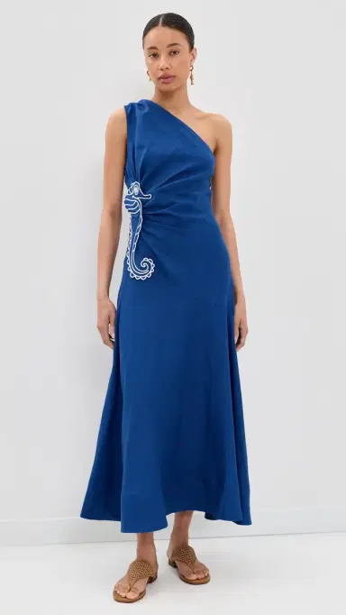 Farm Rio eahorse Embroidery One Shoulder Linen Maxi Dress Blue | Thumbnail 2 Farm Rio eahorse Embroidery One Shoulder Linen Maxi Dress Blue | Thumbnail 2