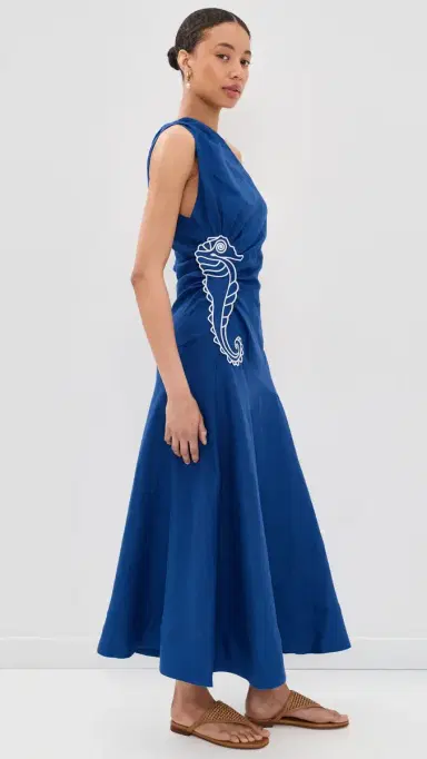 Farm Rio eahorse Embroidery One Shoulder Linen Maxi Dress Blue | Thumbnail 4 Farm Rio eahorse Embroidery One Shoulder Linen Maxi Dress Blue | Thumbnail 4