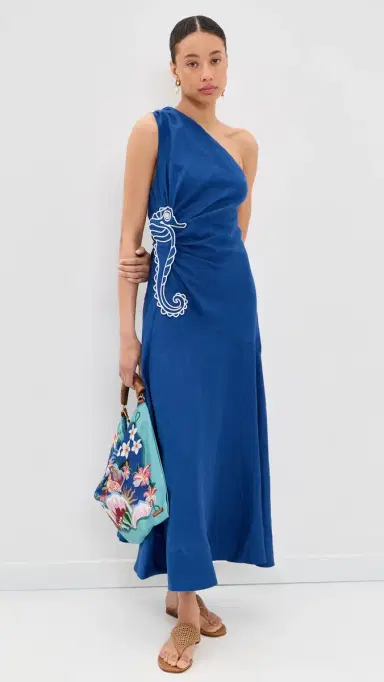 Farm Rio eahorse Embroidery One Shoulder Linen Maxi Dress Blue | Thumbnail 5 Farm Rio eahorse Embroidery One Shoulder Linen Maxi Dress Blue | Thumbnail 5