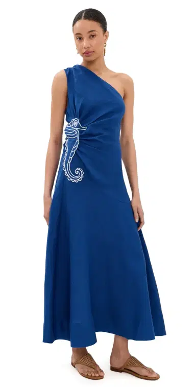 Farm Rio eahorse Embroidery One Shoulder Linen Maxi Dress Blue | Thumbnail 1 Farm Rio eahorse Embroidery One Shoulder Linen Maxi Dress Blue | Thumbnail 1