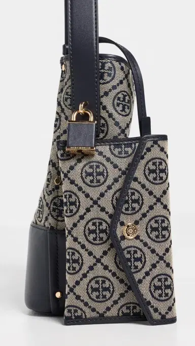 Tory Burch Lock T Monogram Slim Medium Bucket Bag Tory Navy One Size | Thumbnail 5 Tory Burch Lock T Monogram Slim Medium Bucket Bag Tory Navy One Size | Thumbnail 5