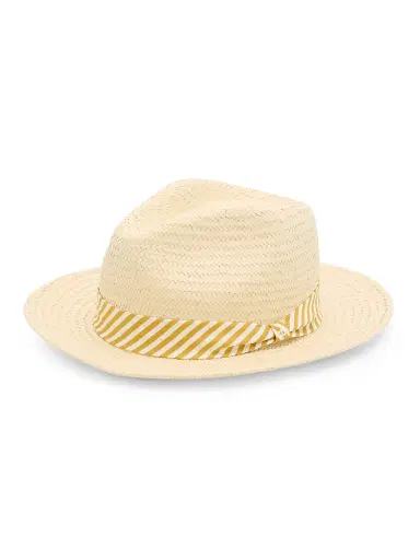 rag & bone Women's Packable Striped Straw Fedora - Natural Gold Stripe - Size Medium | Thumbnail 1 rag & bone Women's Packable Striped Straw Fedora - Natural Gold Stripe - Size Medium | Thumbnail 1