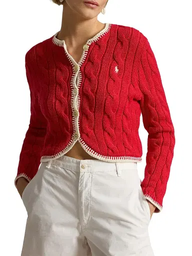 Polo Ralph Lauren Women's Cable-Knit Stretch-Cotton Crop Cardigan - Cruise Red | Thumbnail 3 Polo Ralph Lauren Women's Cable-Knit Stretch-Cotton Crop Cardigan - Cruise Red | Thumbnail 3