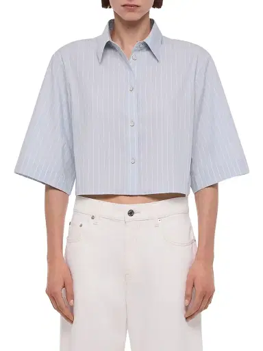 Helmut Lang Women's Striped Cotton-Blend Crop Trench Shirt - Light Blue Multi - Size Large | Thumbnail 3 Helmut Lang Women's Striped Cotton-Blend Crop Trench Shirt - Light Blue Multi - Size Large | Thumbnail 3
