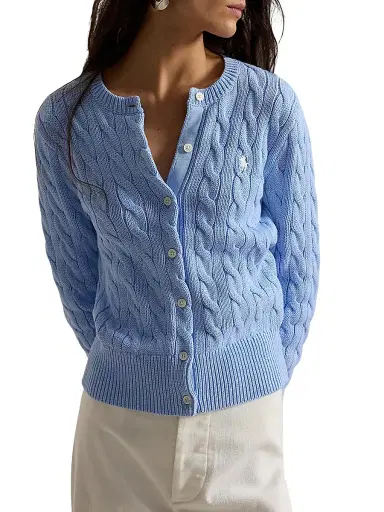 Polo Ralph Lauren Women's Logo Cable-Knit Cotton Cardigan - Baby Blue | Thumbnail 3 Polo Ralph Lauren Women's Logo Cable-Knit Cotton Cardigan - Baby Blue | Thumbnail 3
