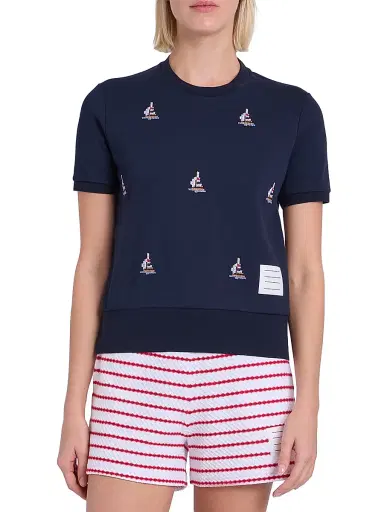 Thom Browne Women's Sailboat Intarsia-Knit Cotton Sweater - Navy | Thumbnail 3 Thom Browne Women's Sailboat Intarsia-Knit Cotton Sweater - Navy | Thumbnail 3