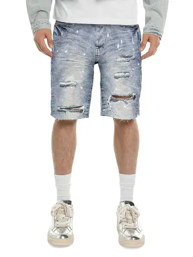 Purple Brand Men's Painterly Distressed Denim Wide-Leg Shorts - Light Indigo | Thumbnail 1 Purple Brand Men's Painterly Distressed Denim Wide-Leg Shorts - Light Indigo | Thumbnail 1