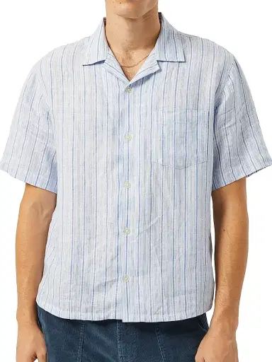 Corridor Men's Broadstriped Linen Camp Shirt - Blue | Thumbnail 1 Corridor Men's Broadstriped Linen Camp Shirt - Blue | Thumbnail 1