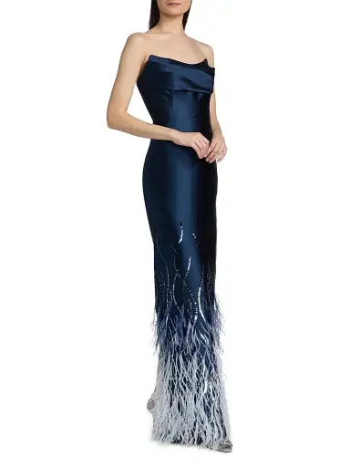 PAMELLA ROLAND Women's Beaded Feather Satin Strapless Gown - Navy Multi - Size 10 | Thumbnail 4 PAMELLA ROLAND Women's Beaded Feather Satin Strapless Gown - Navy Multi - Size 10 | Thumbnail 4
