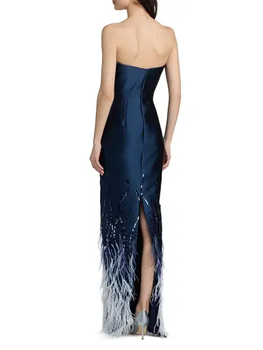 PAMELLA ROLAND Women's Beaded Feather Satin Strapless Gown - Navy Multi - Size 10 | Thumbnail 5 PAMELLA ROLAND Women's Beaded Feather Satin Strapless Gown - Navy Multi - Size 10 | Thumbnail 5