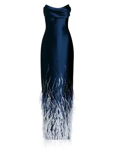 PAMELLA ROLAND Women's Beaded Feather Satin Strapless Gown - Navy Multi - Size 10 | Thumbnail 1 PAMELLA ROLAND Women's Beaded Feather Satin Strapless Gown - Navy Multi - Size 10 | Thumbnail 1