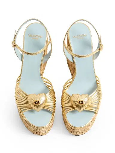 Valentino Garavani Women's Coeur Royal 110MM Wedge Sandals in Laminated Nappa - Natural | Thumbnail 4 Valentino Garavani Women's Coeur Royal 110MM Wedge Sandals in Laminated Nappa - Natural | Thumbnail 4