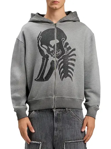 Palm Angels Men's Skull-Print Logo Zip-Front Hoodie - Melange Grey Black | Thumbnail 1 Palm Angels Men's Skull-Print Logo Zip-Front Hoodie - Melange Grey Black | Thumbnail 1