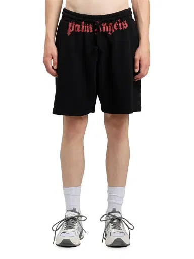 Palm Angels Men's Waist Logo Cotton Sweat Shorts - Black Red | Thumbnail 3 Palm Angels Men's Waist Logo Cotton Sweat Shorts - Black Red | Thumbnail 3
