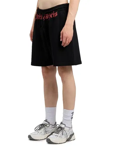 Palm Angels Men's Waist Logo Cotton Sweat Shorts - Black Red | Thumbnail 4 Palm Angels Men's Waist Logo Cotton Sweat Shorts - Black Red | Thumbnail 4