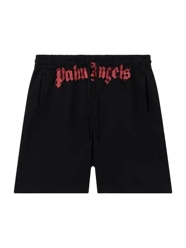 Palm Angels Men's Waist Logo Cotton Sweat Shorts - Black Red | Thumbnail 1 Palm Angels Men's Waist Logo Cotton Sweat Shorts - Black Red | Thumbnail 1