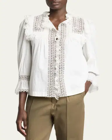 Saint Laurent Lace-Yoke Ruffle Poplin Blouse | Thumbnail 4 Saint Laurent Lace-Yoke Ruffle Poplin Blouse | Thumbnail 4