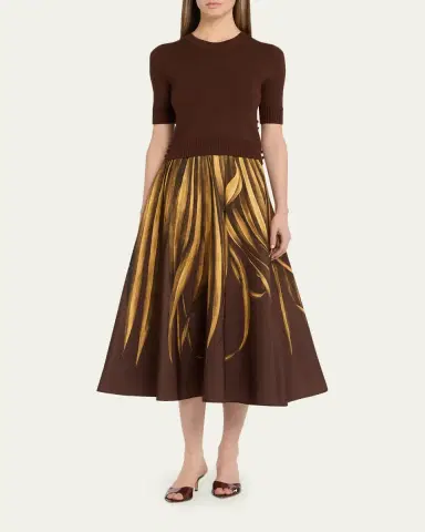 Oscar de la Renta Palm-Print Faille Midi Skirt | Thumbnail 2 Oscar de la Renta Palm-Print Faille Midi Skirt | Thumbnail 2