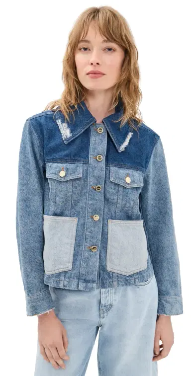 GANNI Patchwork Denim Short Jacket Mid Blue Vintage | Thumbnail 1 GANNI Patchwork Denim Short Jacket Mid Blue Vintage | Thumbnail 1