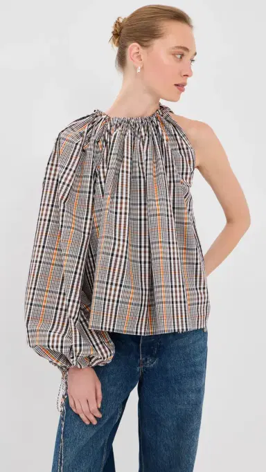 A.W.A.K.E. MODE A. W.A. K.E. MODE One-Sleeve Voluminous Top Brown Check | Thumbnail 2 A.W.A.K.E. MODE A. W.A. K.E. MODE One-Sleeve Voluminous Top Brown Check | Thumbnail 2