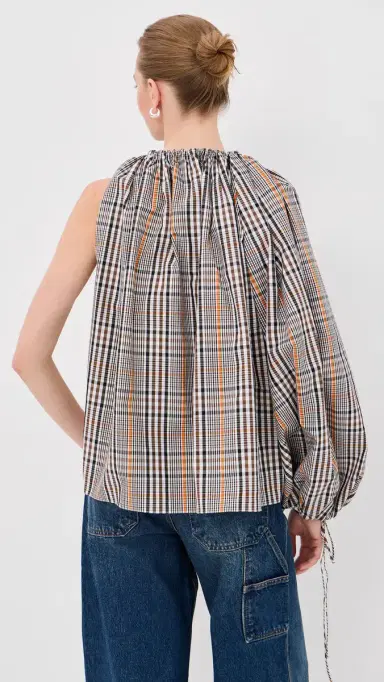A.W.A.K.E. MODE A. W.A. K.E. MODE One-Sleeve Voluminous Top Brown Check | Thumbnail 3 A.W.A.K.E. MODE A. W.A. K.E. MODE One-Sleeve Voluminous Top Brown Check | Thumbnail 3