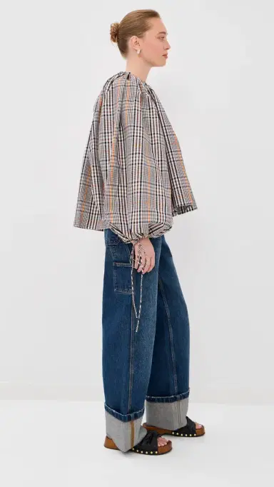 A.W.A.K.E. MODE A. W.A. K.E. MODE One-Sleeve Voluminous Top Brown Check | Thumbnail 4 A.W.A.K.E. MODE A. W.A. K.E. MODE One-Sleeve Voluminous Top Brown Check | Thumbnail 4
