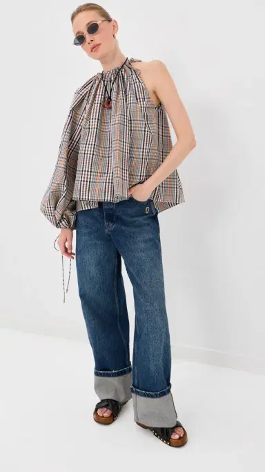 A.W.A.K.E. MODE A. W.A. K.E. MODE One-Sleeve Voluminous Top Brown Check | Thumbnail 5 A.W.A.K.E. MODE A. W.A. K.E. MODE One-Sleeve Voluminous Top Brown Check | Thumbnail 5