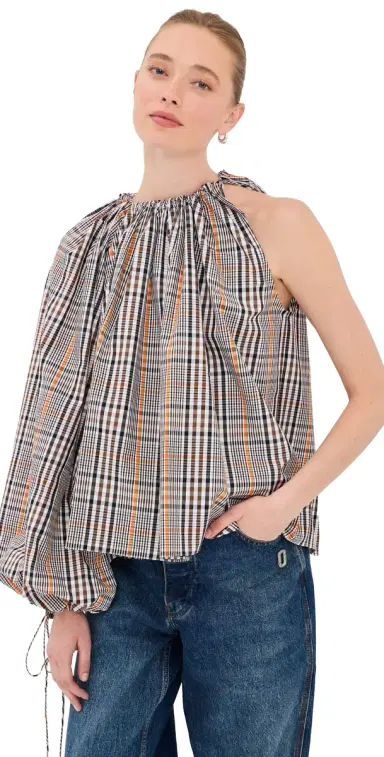 A.W.A.K.E. MODE A. W.A. K.E. MODE One-Sleeve Voluminous Top Brown Check | Thumbnail 1 A.W.A.K.E. MODE A. W.A. K.E. MODE One-Sleeve Voluminous Top Brown Check | Thumbnail 1