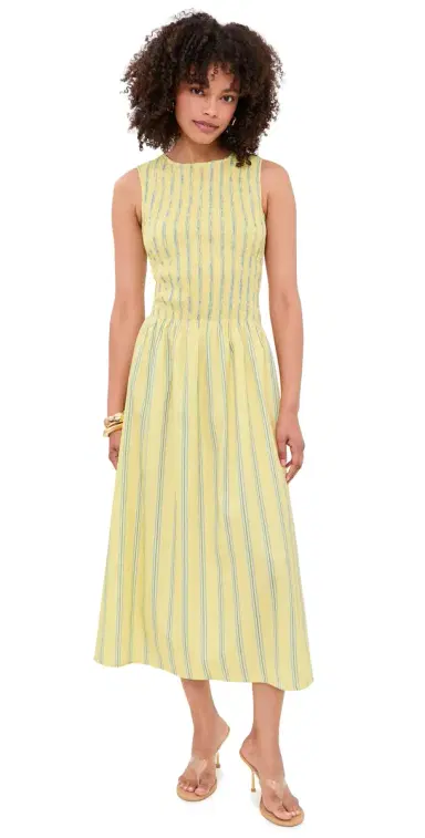 House of Sunny Striped Ruched Mesh Dress Butter | Thumbnail 1 House of Sunny Striped Ruched Mesh Dress Butter | Thumbnail 1