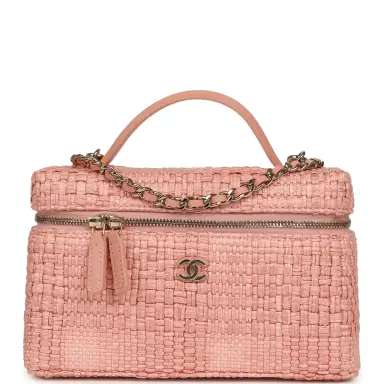 Chanel Chanel Top Handle Long Vanity Case with Chain Light Pink Braided Raffia Light Gold Hardware | Thumbnail 1 Chanel Chanel Top Handle Long Vanity Case with Chain Light Pink Braided Raffia Light Gold Hardware | Thumbnail 1