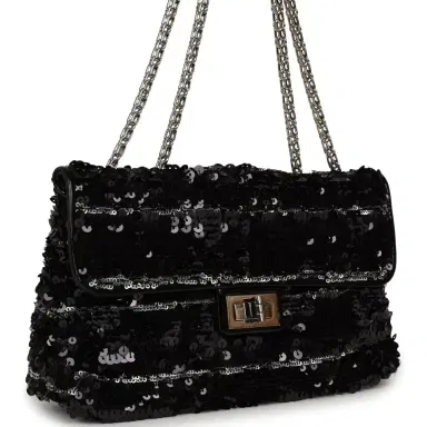 Chanel Pre-owned Chanel Medium Striped Reissue Flap Bag Black, Silver Sequin and Patent Silver Hardware | Thumbnail 2 Chanel Pre-owned Chanel Medium Striped Reissue Flap Bag Black, Silver Sequin and Patent Silver Hardware | Thumbnail 2