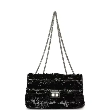 Chanel Pre-owned Chanel Medium Striped Reissue Flap Bag Black, Silver Sequin and Patent Silver Hardware | Thumbnail 7 Chanel Pre-owned Chanel Medium Striped Reissue Flap Bag Black, Silver Sequin and Patent Silver Hardware | Thumbnail 7