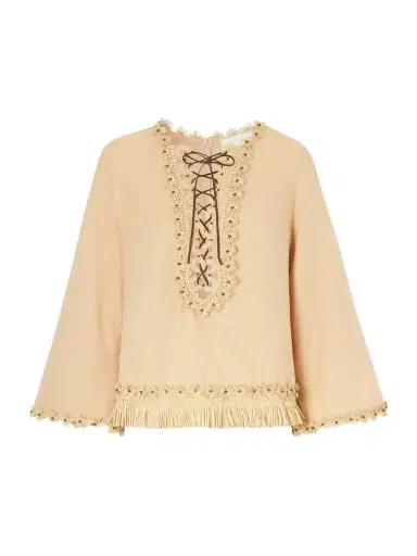 Zimmermann Mahon Leather And Raffia-trimmed Cotton Blouse | Thumbnail 1 Zimmermann Mahon Leather And Raffia-trimmed Cotton Blouse | Thumbnail 1