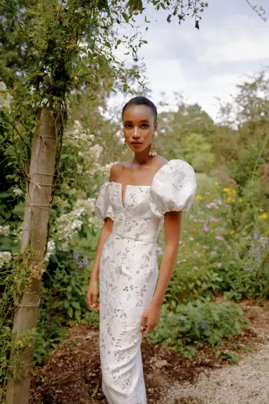 Markarian Yvette Ivory Metallic Brocade Puff Sleeve Dress | Thumbnail 2 Markarian Yvette Ivory Metallic Brocade Puff Sleeve Dress | Thumbnail 2