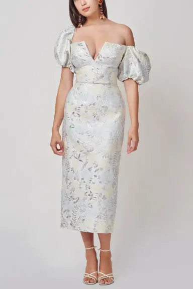 Markarian Yvette Ivory Metallic Brocade Puff Sleeve Dress | Thumbnail 3 Markarian Yvette Ivory Metallic Brocade Puff Sleeve Dress | Thumbnail 3