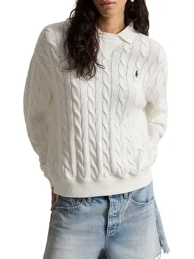 Polo Ralph Lauren Women's Cable-Knit Cotton Polo Sweater - White | Thumbnail 3 Polo Ralph Lauren Women's Cable-Knit Cotton Polo Sweater - White | Thumbnail 3