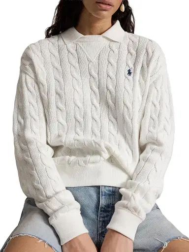 Polo Ralph Lauren Women's Cable-Knit Cotton Polo Sweater - White | Thumbnail 5 Polo Ralph Lauren Women's Cable-Knit Cotton Polo Sweater - White | Thumbnail 5