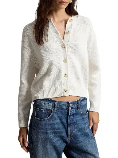 Polo Ralph Lauren Women's Linen-Blend Crewneck Cardigan - White | Thumbnail 3 Polo Ralph Lauren Women's Linen-Blend Crewneck Cardigan - White | Thumbnail 3