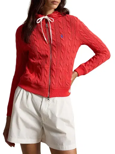 Polo Ralph Lauren Women's Cable-Knit Cotton Zip-Front Hoodie - Bright Hibiscus | Thumbnail 2 Polo Ralph Lauren Women's Cable-Knit Cotton Zip-Front Hoodie - Bright Hibiscus | Thumbnail 2