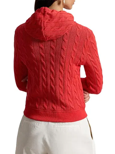 Polo Ralph Lauren Women's Cable-Knit Cotton Zip-Front Hoodie - Bright Hibiscus | Thumbnail 3 Polo Ralph Lauren Women's Cable-Knit Cotton Zip-Front Hoodie - Bright Hibiscus | Thumbnail 3